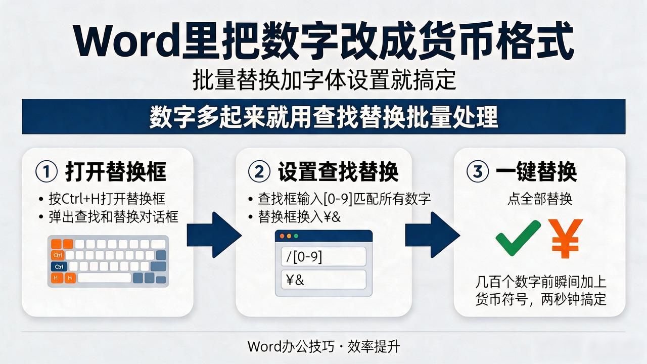 Word里把数字改成货币格式，批量替换加字体设置就搞定